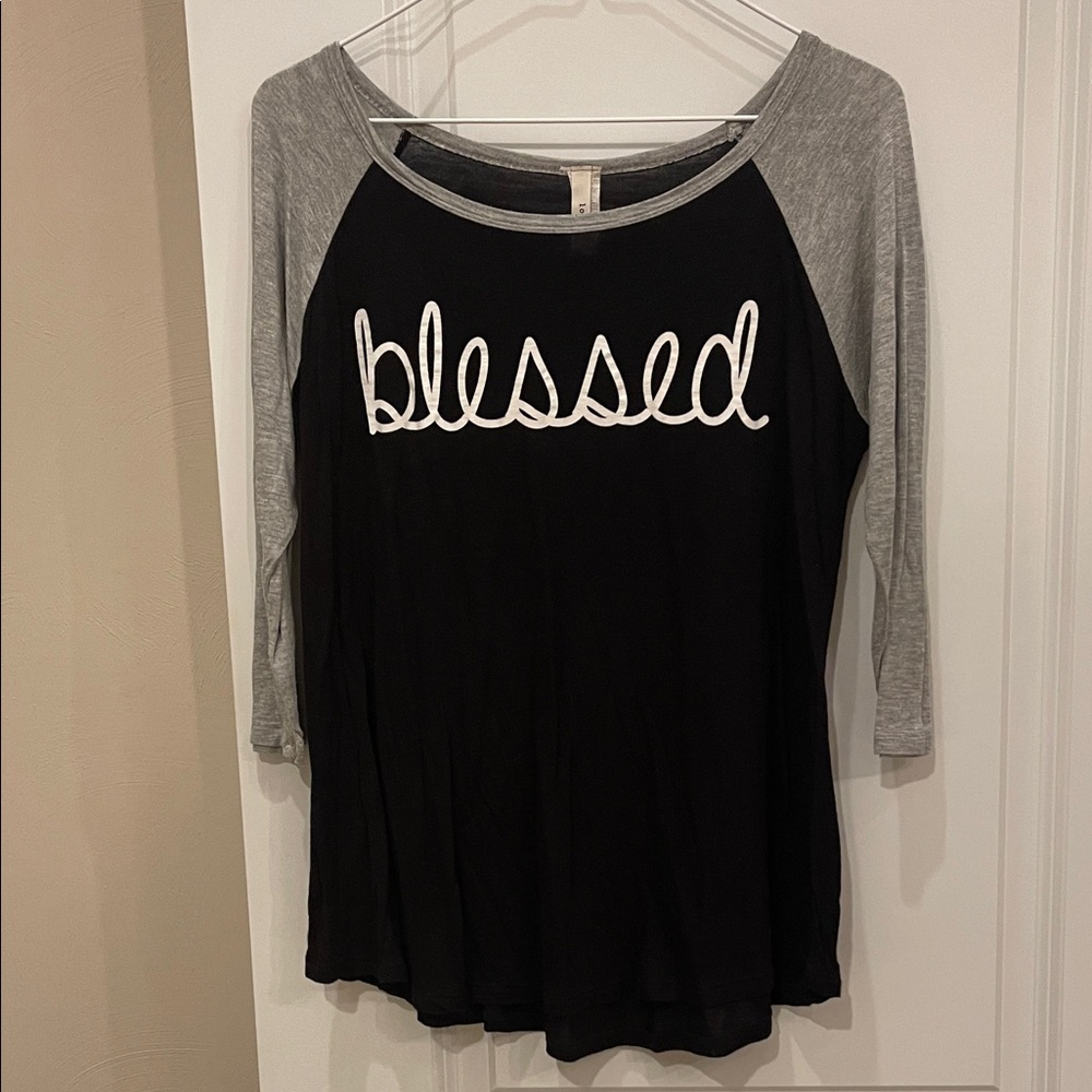 Stylish Black and Gray 'Blessed' Raglan Top